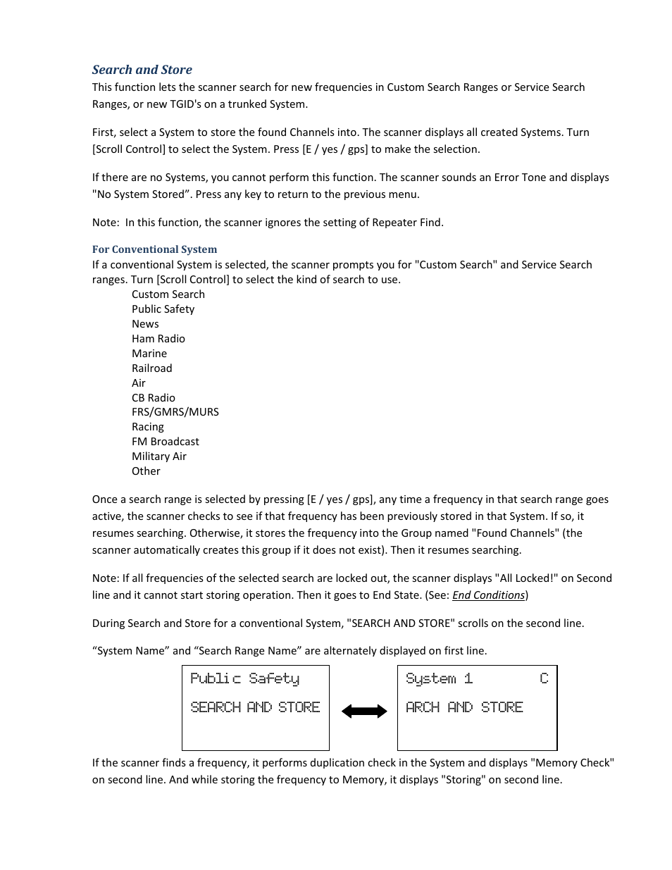 Search and store, For conventional system, Publi c safety search | Store, System 1 c arch and store | Uniden BCD396XT User Manual | Page 86 / 273