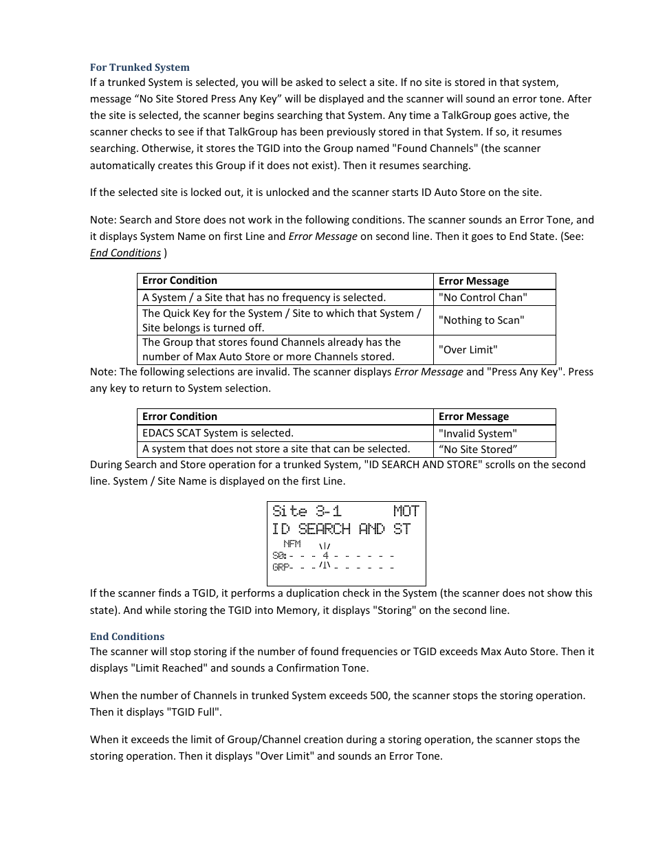 For trunked system, End conditions, Si te 3- 1 mot i d search and st | Uniden BCD396XT User Manual | Page 87 / 273