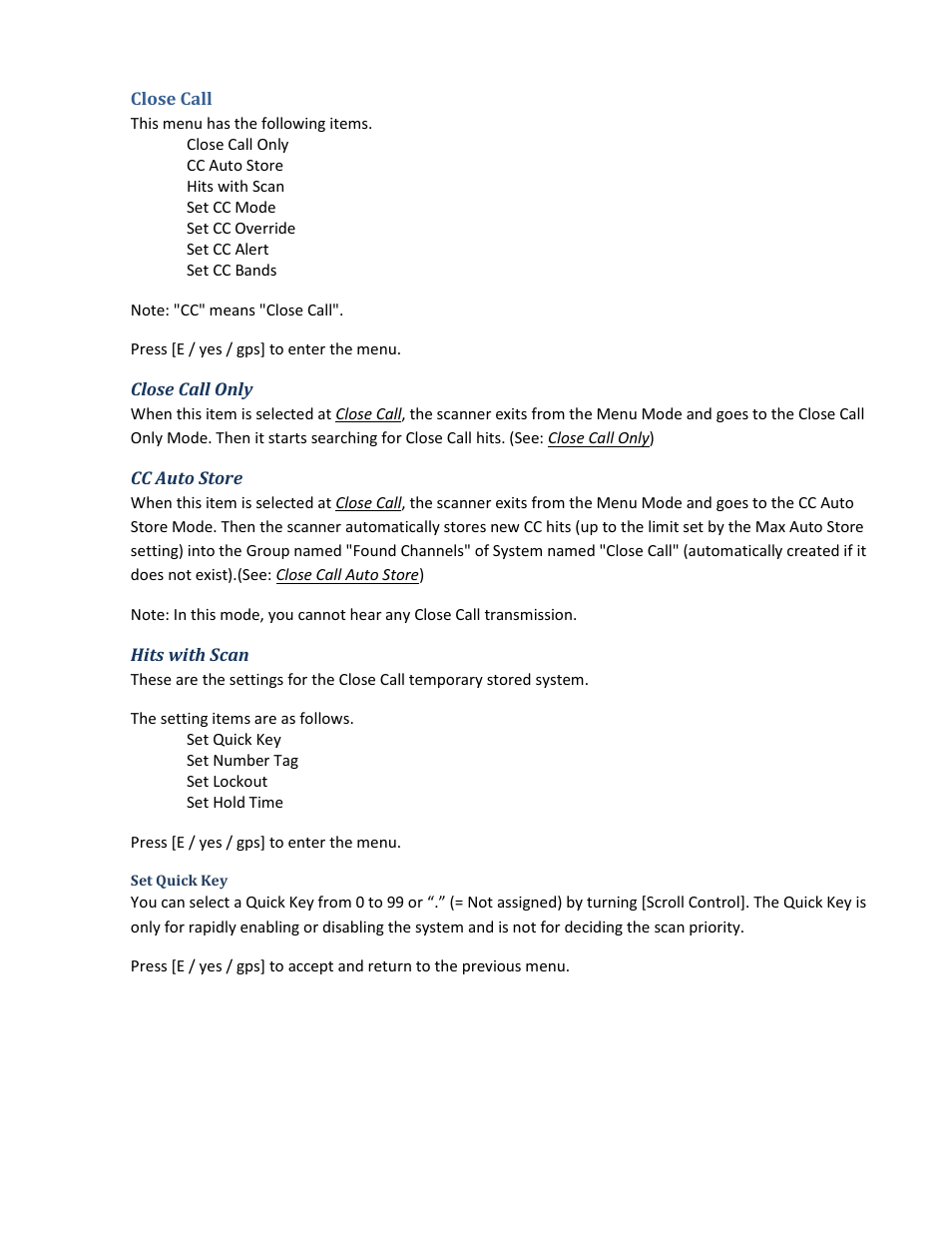 Close call, Close call only, Cc auto store | Hits with scan, Set quick key | Uniden BCD396XT User Manual | Page 89 / 273