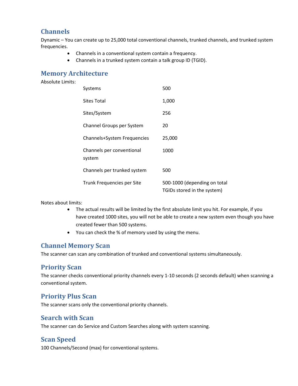 Channels, Memory architecture, Channel memory scan | Priority scan, Priority plus scan, Search with scan, Scan speed | Uniden BCD396XT User Manual | Page 9 / 273