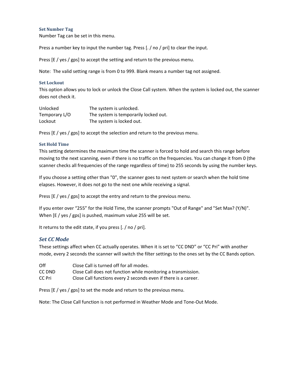Set number tag, Set lockout, Set hold time | Set cc mode | Uniden BCD396XT User Manual | Page 90 / 273