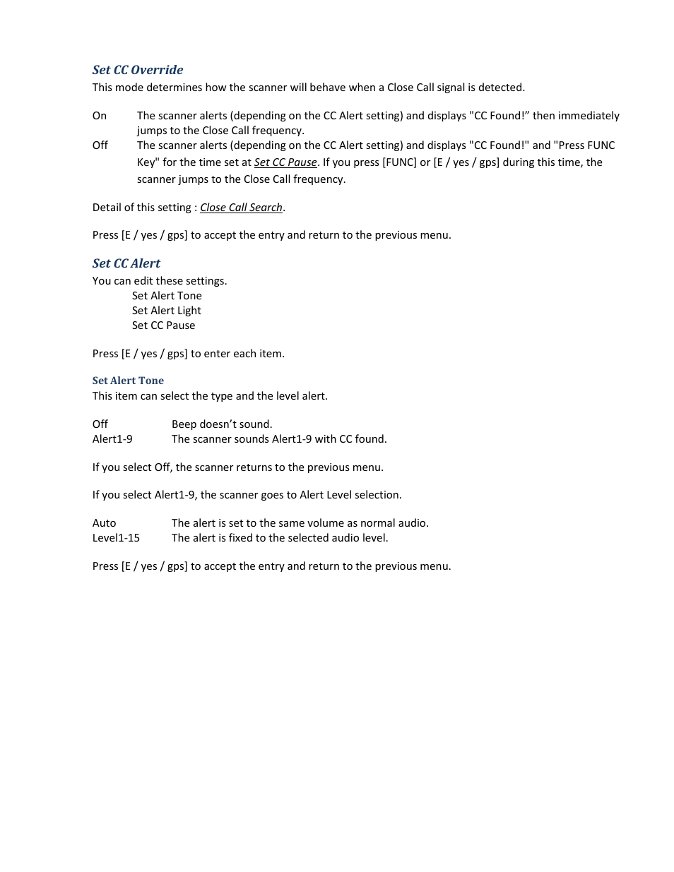 Set cc override, Set cc alert, Set alert tone | Uniden BCD396XT User Manual | Page 91 / 273