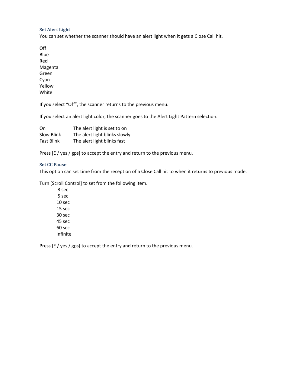 Set alert light, Set cc pause | Uniden BCD396XT User Manual | Page 92 / 273