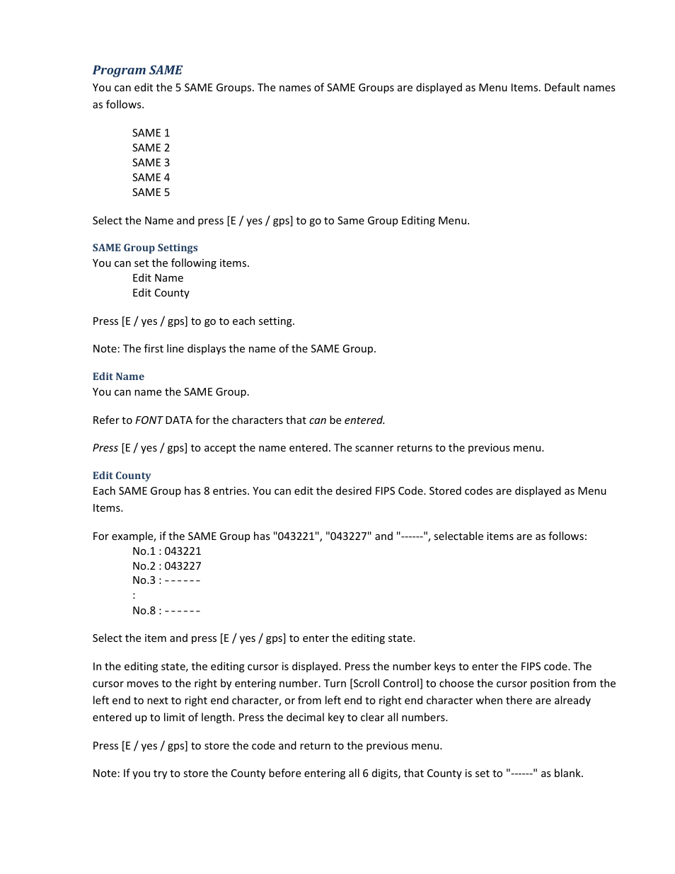 Program same, Same group settings, Edit name | Edit county | Uniden BCD396XT User Manual | Page 96 / 273