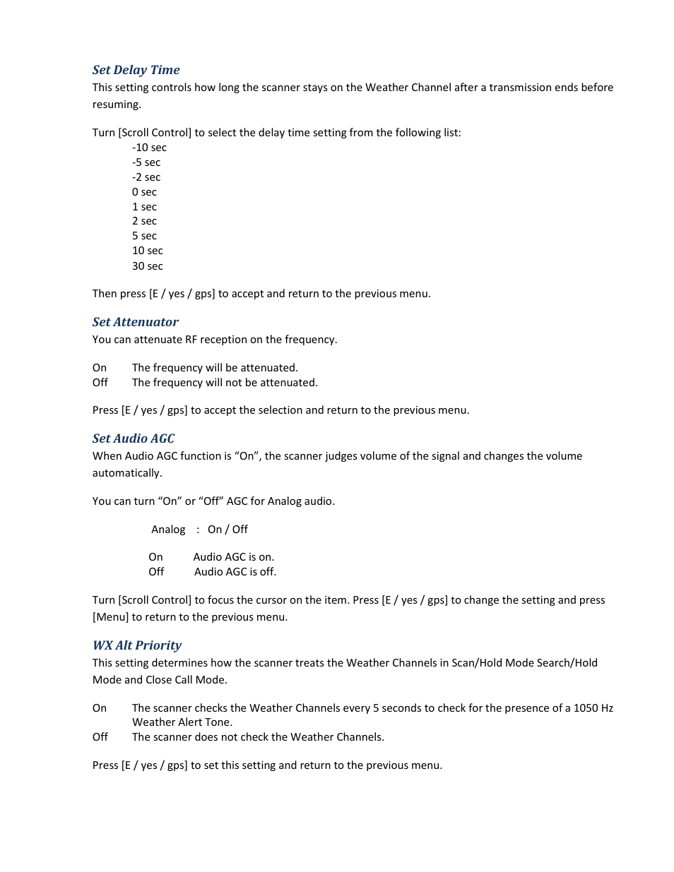 Set delay time, Set attenuator, Set audio agc | Wx alt priority | Uniden BCD396XT User Manual | Page 97 / 273