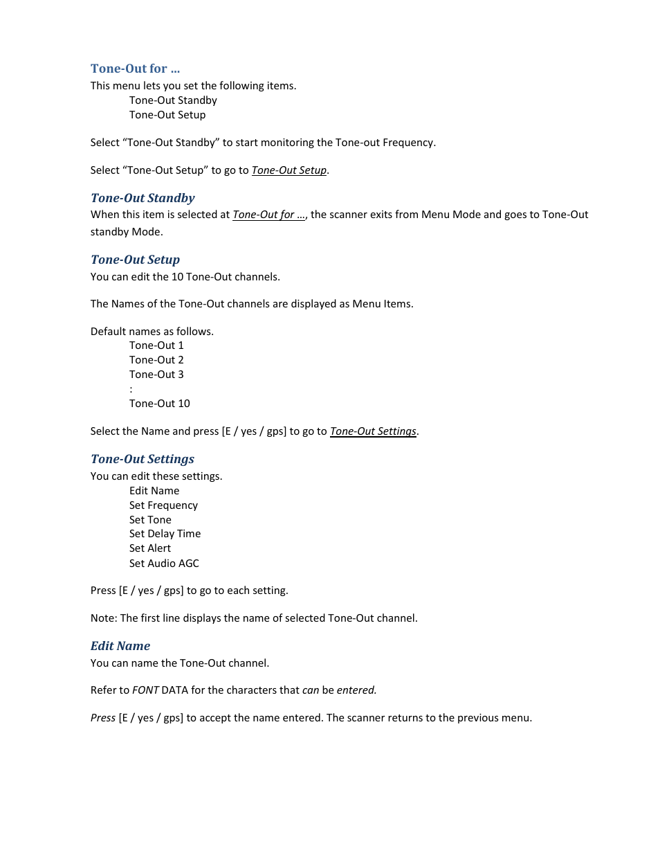 Tone-out for, Tone-out standby, Tone-out setup | Tone-out settings, Edit name | Uniden BCD396XT User Manual | Page 98 / 273