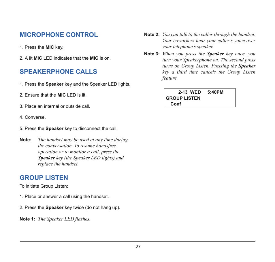 Microphone control, Speakerphone calls, Group listen | NEC SV8100 User Manual | Page 33 / 69