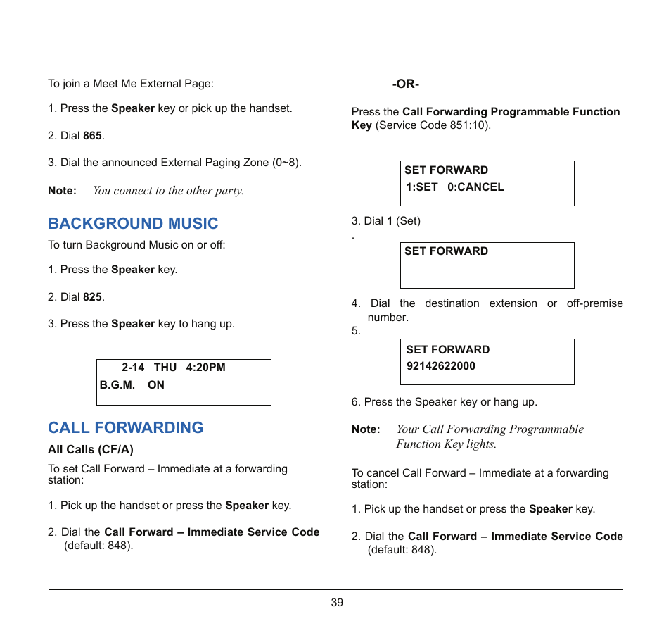 Background music, Call forwarding | NEC SV8100 User Manual | Page 45 / 69