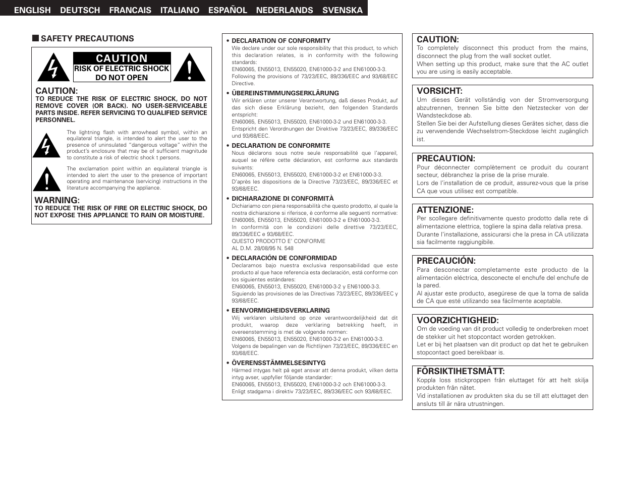 Caution | Denon AVR-2807 User Manual | Page 2 / 88