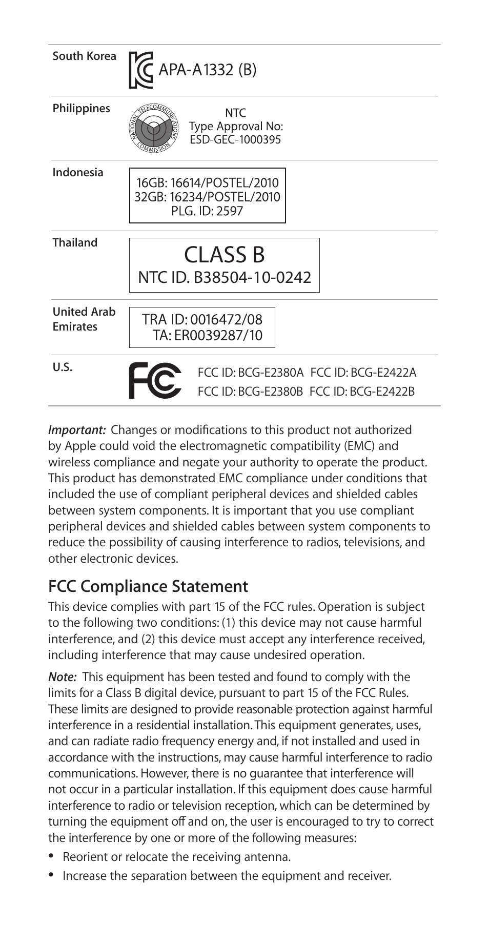 Class b, Fcc compliance statement | Apple iPhone 4 User Manual | Page 10 / 32