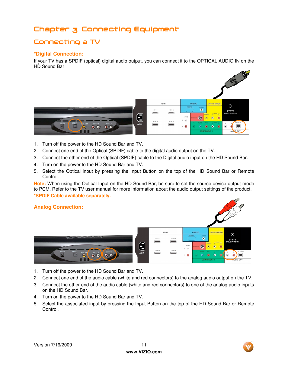 Chapter 3, Connecting equip | Vizio VSB200 User Manual | Page 11 / 29