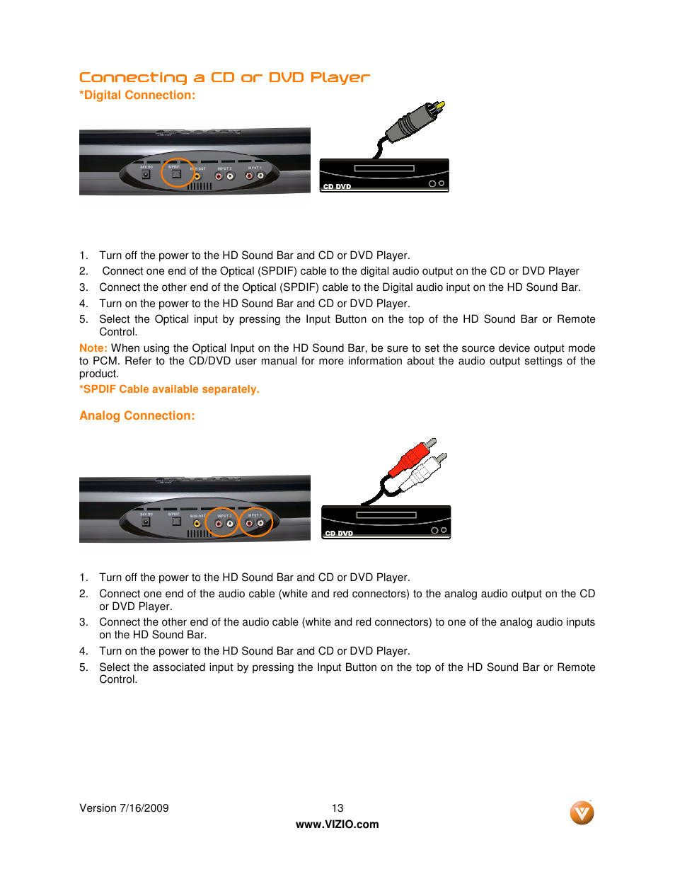 Connecting | Vizio VSB200 User Manual | Page 13 / 29