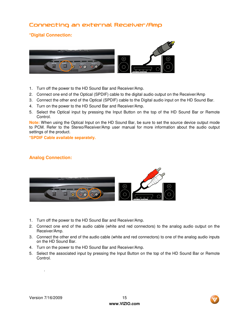 Connecting an external receiver/amp | Vizio VSB200 User Manual | Page 15 / 29