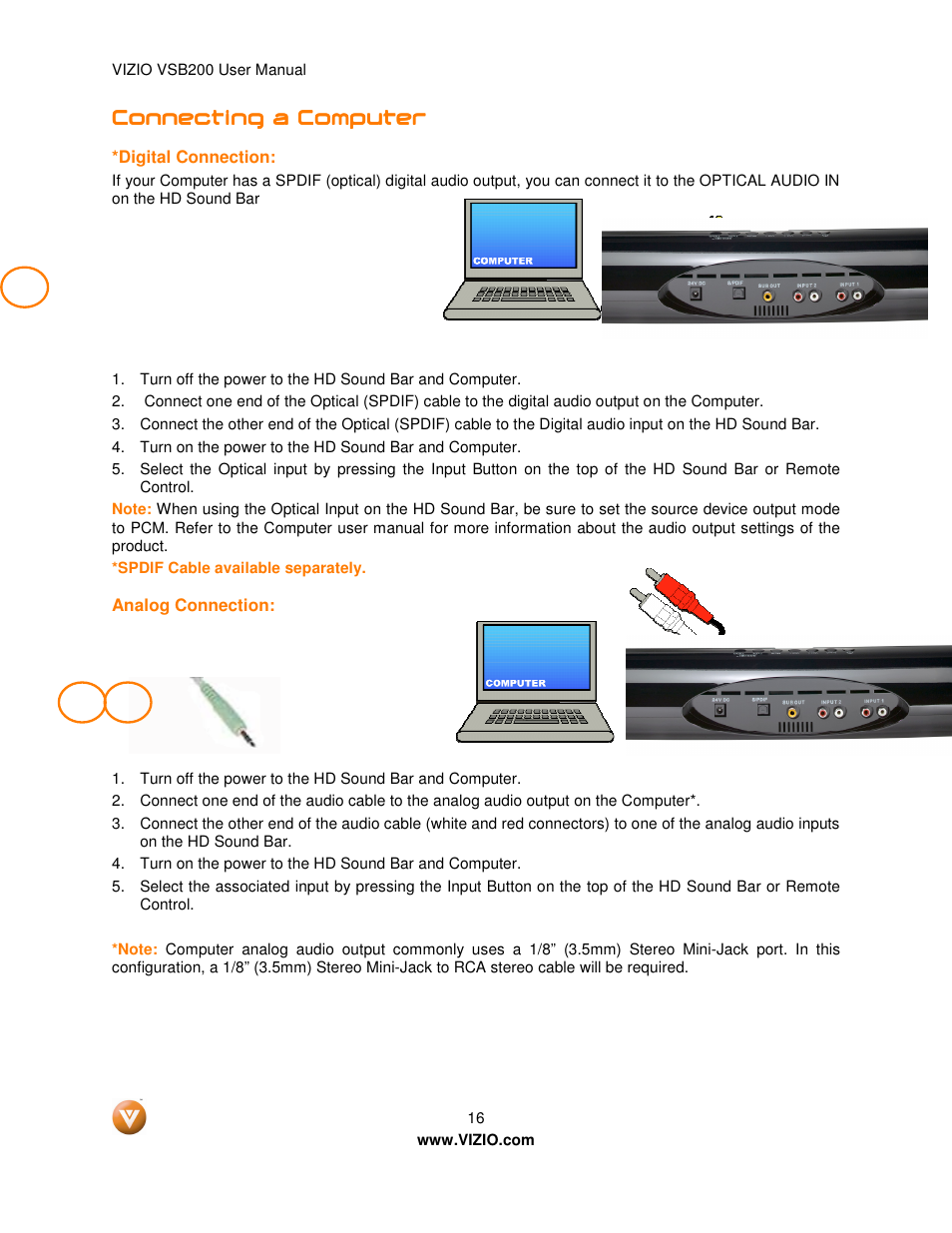 Connecting a | Vizio VSB200 User Manual | Page 16 / 29