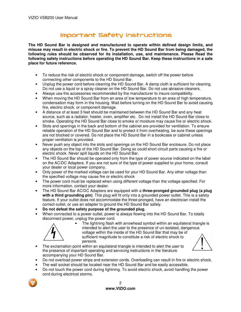 Important safety instructions | Vizio VSB200 User Manual | Page 2 / 29