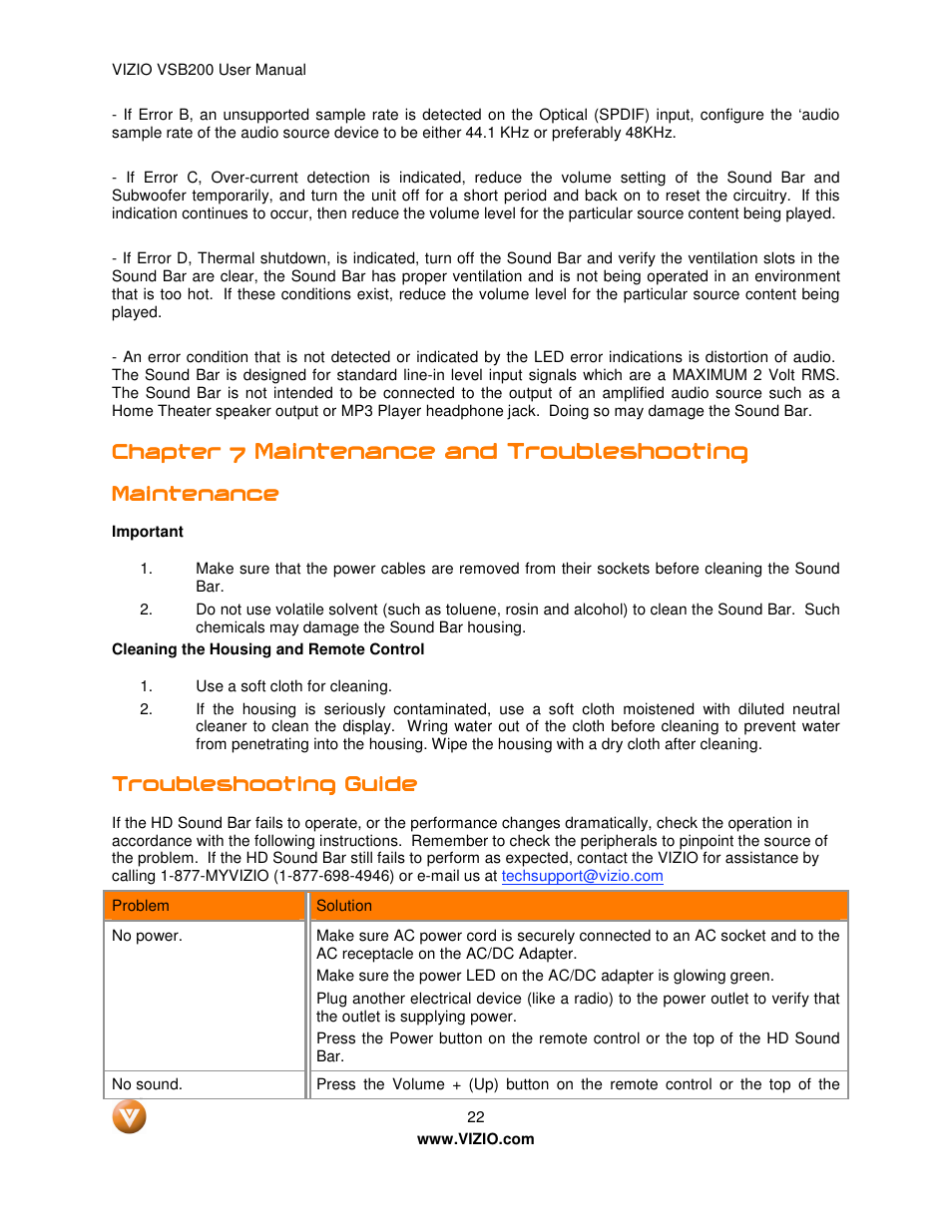 Maintenance | Vizio VSB200 User Manual | Page 22 / 29