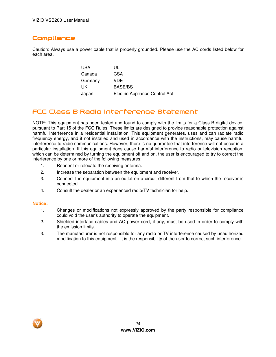 Compliance, Fcc class b radio interference statement | Vizio VSB200 User Manual | Page 24 / 29