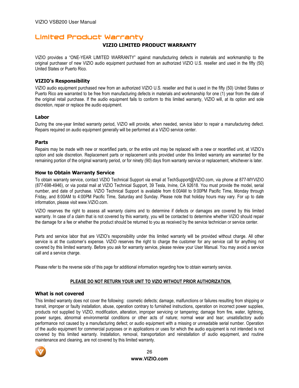 Limited product warranty | Vizio VSB200 User Manual | Page 26 / 29