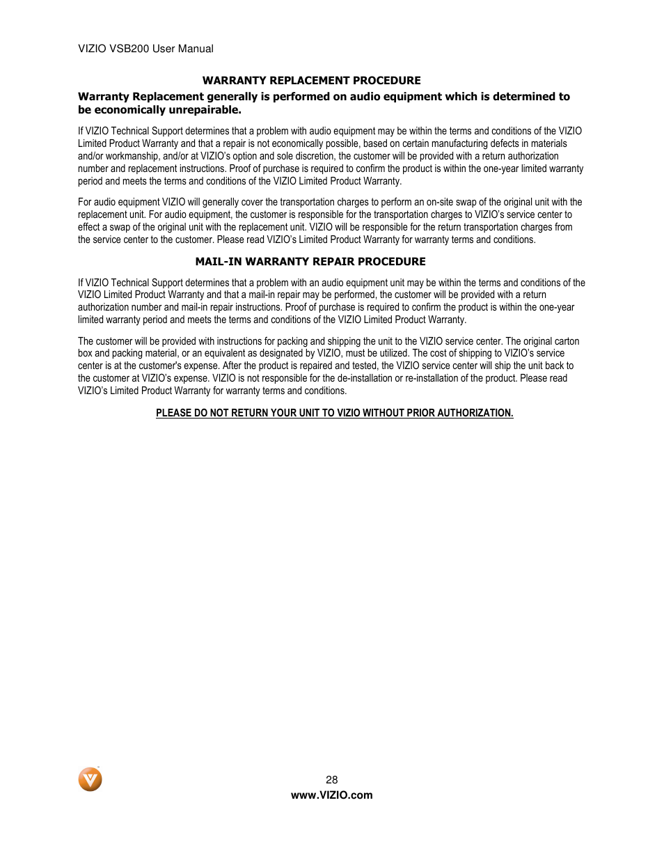 Vizio VSB200 User Manual | Page 28 / 29