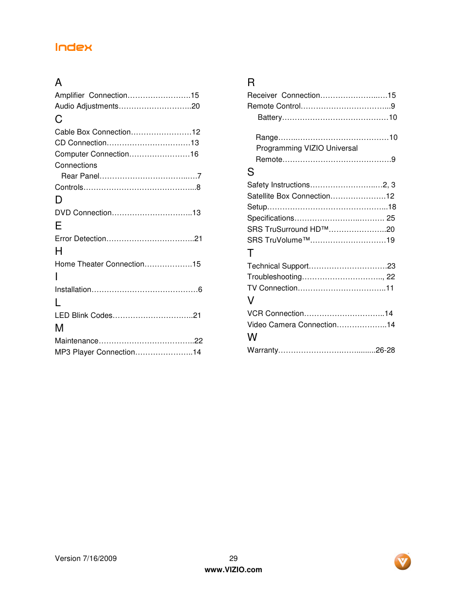 Index, Index a | Vizio VSB200 User Manual | Page 29 / 29
