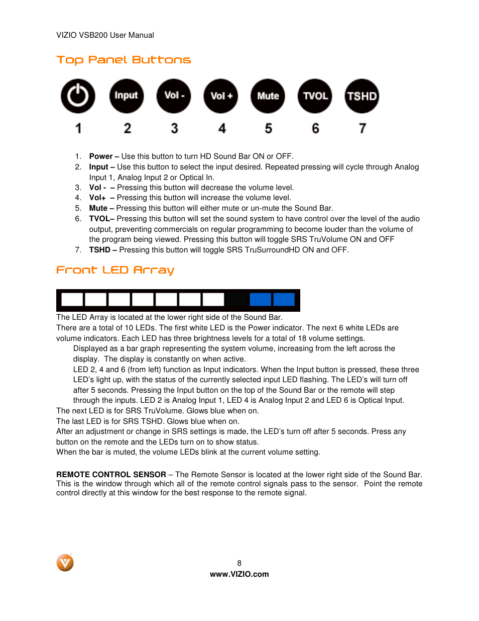 Front led array | Vizio VSB200 User Manual | Page 8 / 29