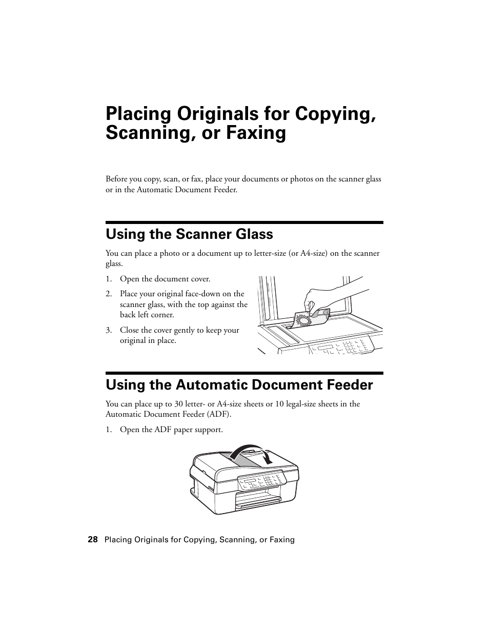 Placing originals for copying, scanning, or faxing, Using the scanner glass, Using the automatic document feeder | Epson WorkForce 520 series User Manual | Page 28 / 64