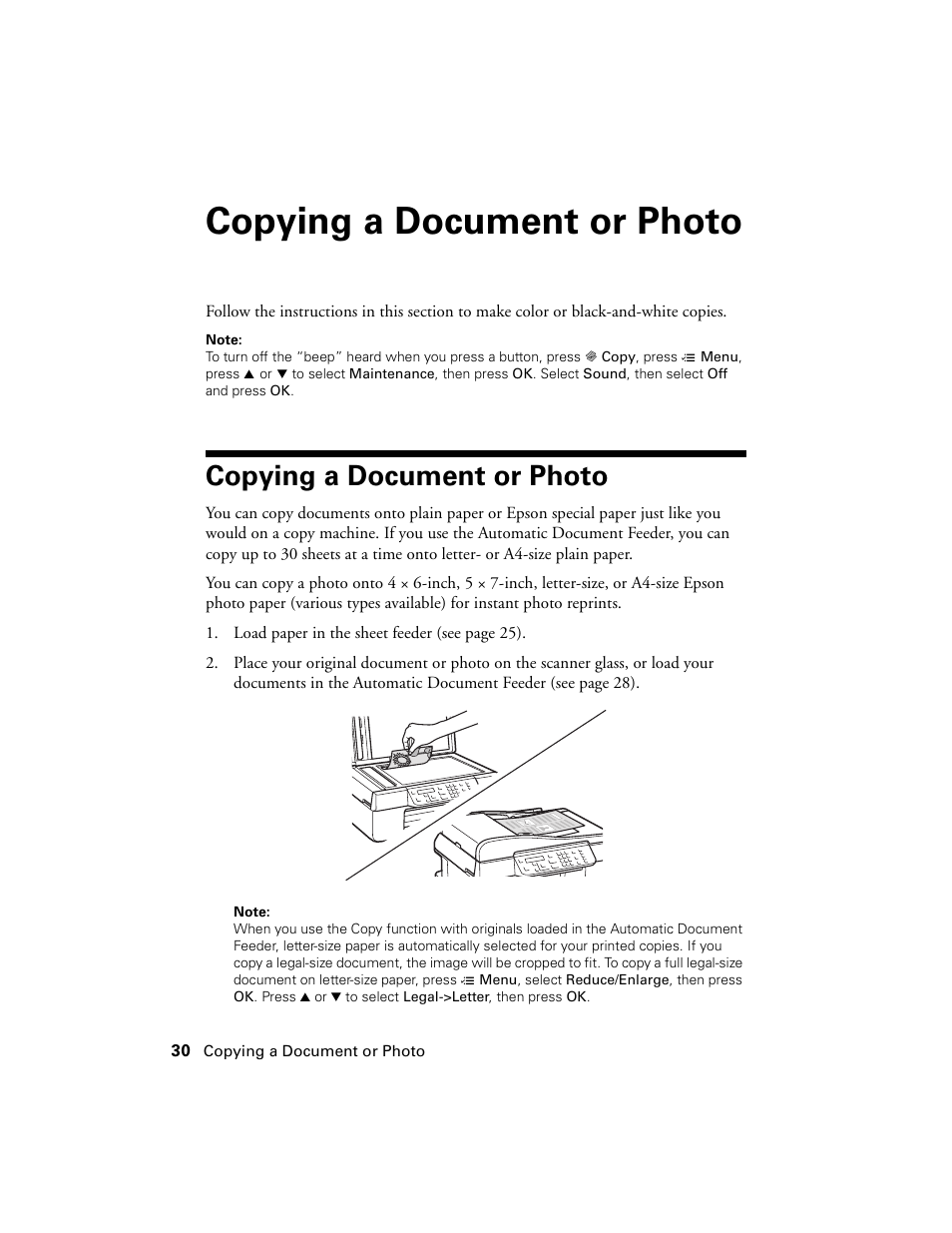Copying a document or photo | Epson WorkForce 520 series User Manual | Page 30 / 64