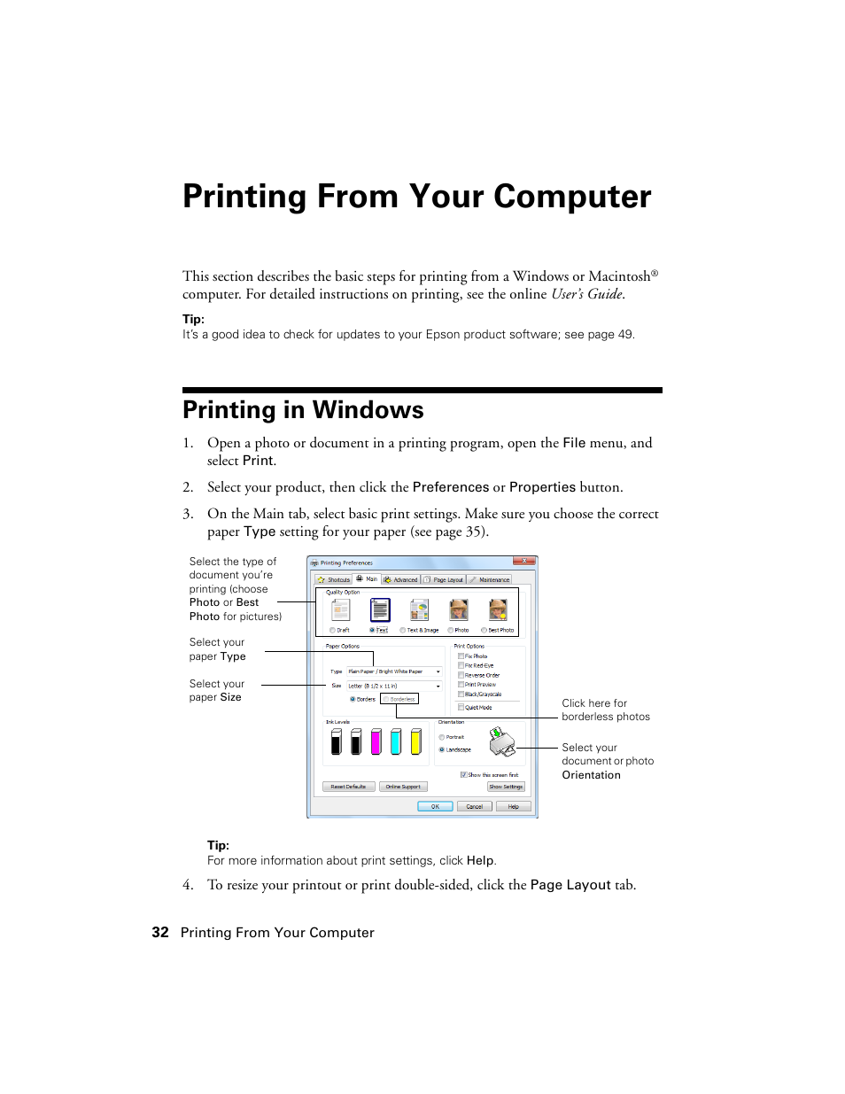 Printing from your computer, Printing in windows | Epson WorkForce 520 series User Manual | Page 32 / 64