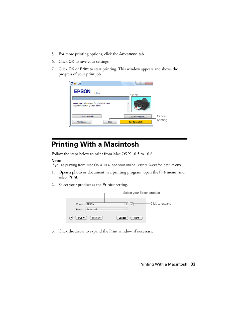 Printing with a macintosh | Epson WorkForce 520 series User Manual | Page 33 / 64