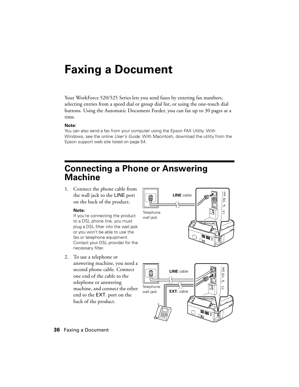 Faxing a document, Connecting a phone or answering machine | Epson WorkForce 520 series User Manual | Page 36 / 64