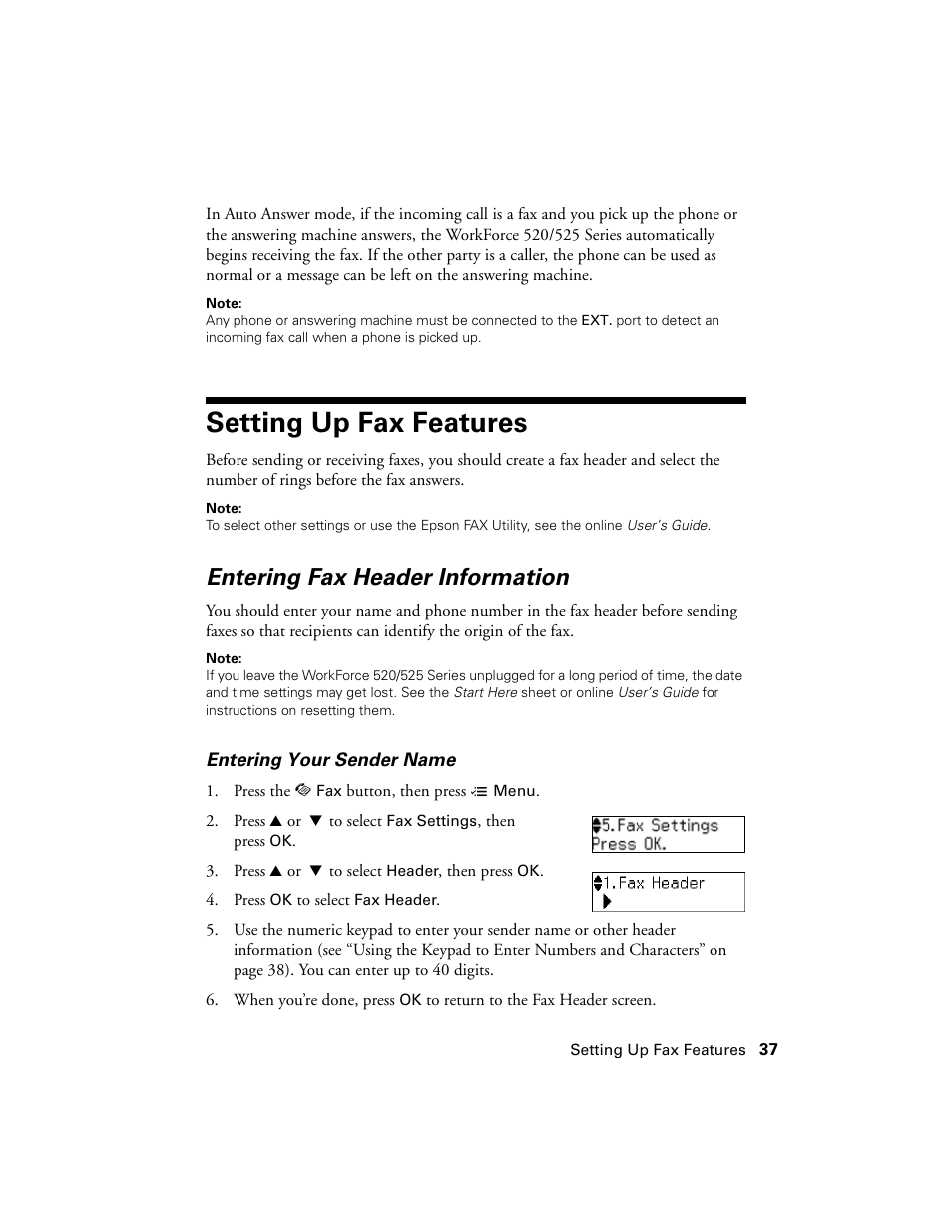 Setting up fax features, Entering fax header information | Epson WorkForce 520 series User Manual | Page 37 / 64