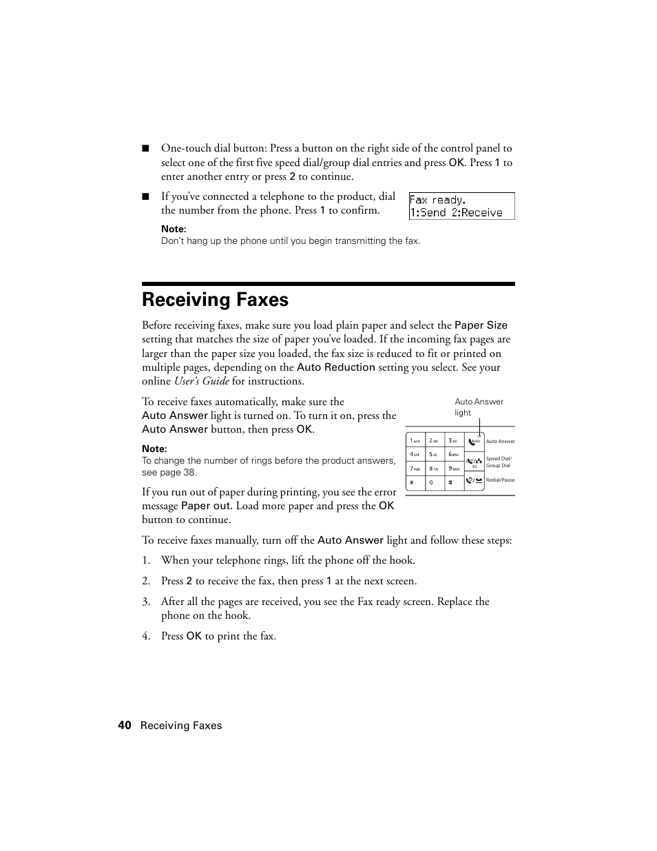 Receiving faxes | Epson WorkForce 520 series User Manual | Page 40 / 64