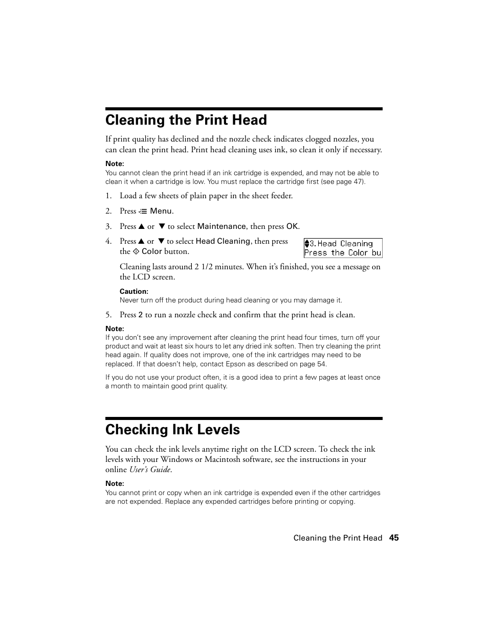 Cleaning the print head, Checking ink levels, Cleaning the print head checking ink levels | Epson WorkForce 520 series User Manual | Page 45 / 64