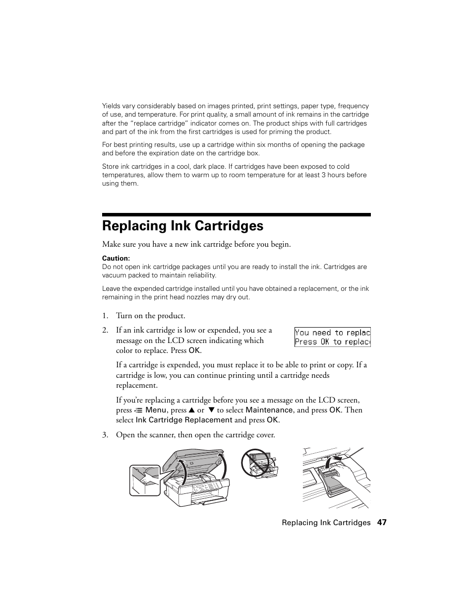 Replacing ink cartridges | Epson WorkForce 520 series User Manual | Page 47 / 64