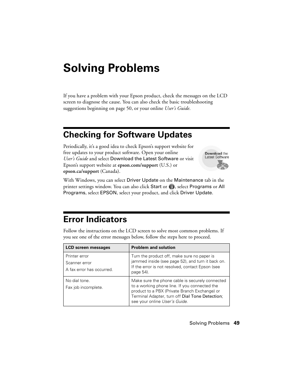 Solving problems, Checking for software updates, Error indicators | Checking for software updates error indicators | Epson WorkForce 520 series User Manual | Page 49 / 64
