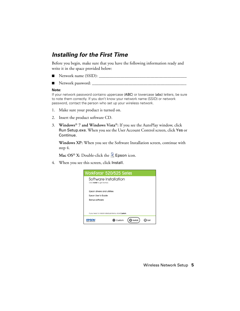 Installing for the first time | Epson WorkForce 520 series User Manual | Page 5 / 64