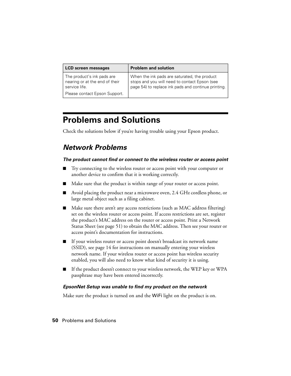 Problems and solutions, Network problems | Epson WorkForce 520 series User Manual | Page 50 / 64