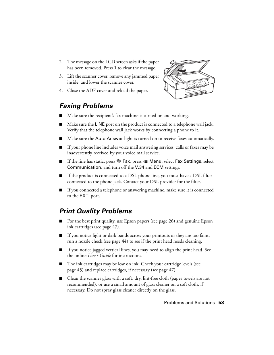 Faxing problems, Print quality problems | Epson WorkForce 520 series User Manual | Page 53 / 64