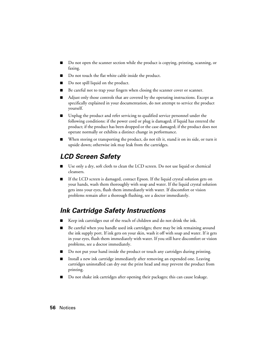 Lcd screen safety, Ink cartridge safety instructions | Epson WorkForce 520 series User Manual | Page 56 / 64