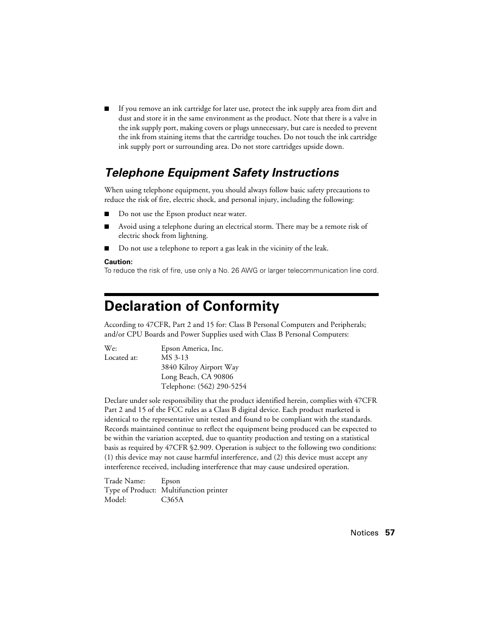 Telephone equipment safety instructions, Declaration of conformity | Epson WorkForce 520 series User Manual | Page 57 / 64