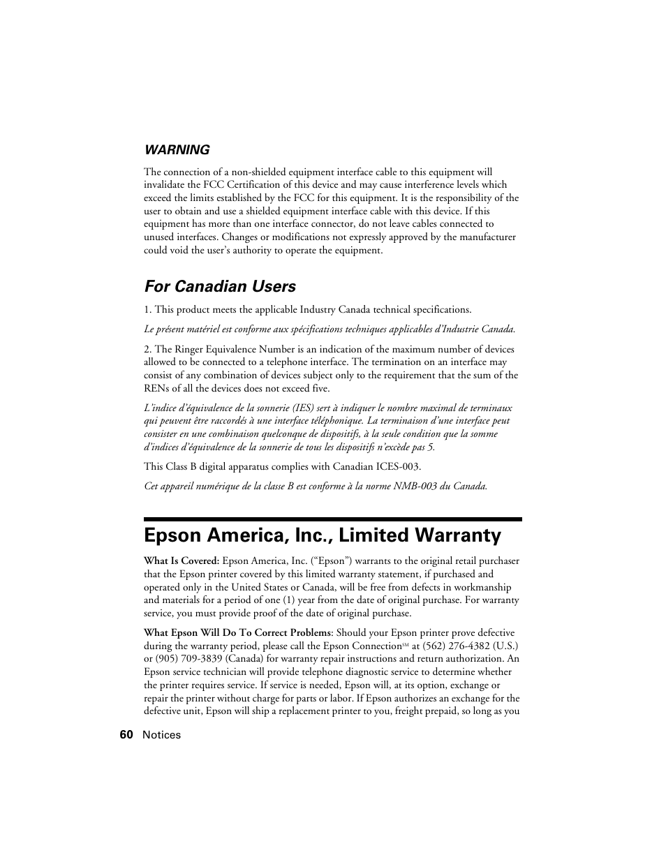 For canadian users, Epson america, inc., limited warranty, Warranty | Epson WorkForce 520 series User Manual | Page 60 / 64