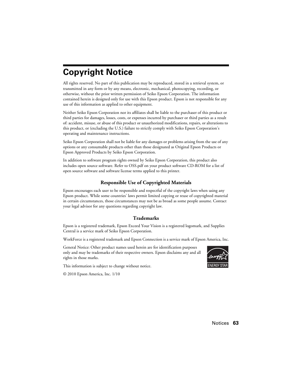 Copyright notice | Epson WorkForce 520 series User Manual | Page 63 / 64