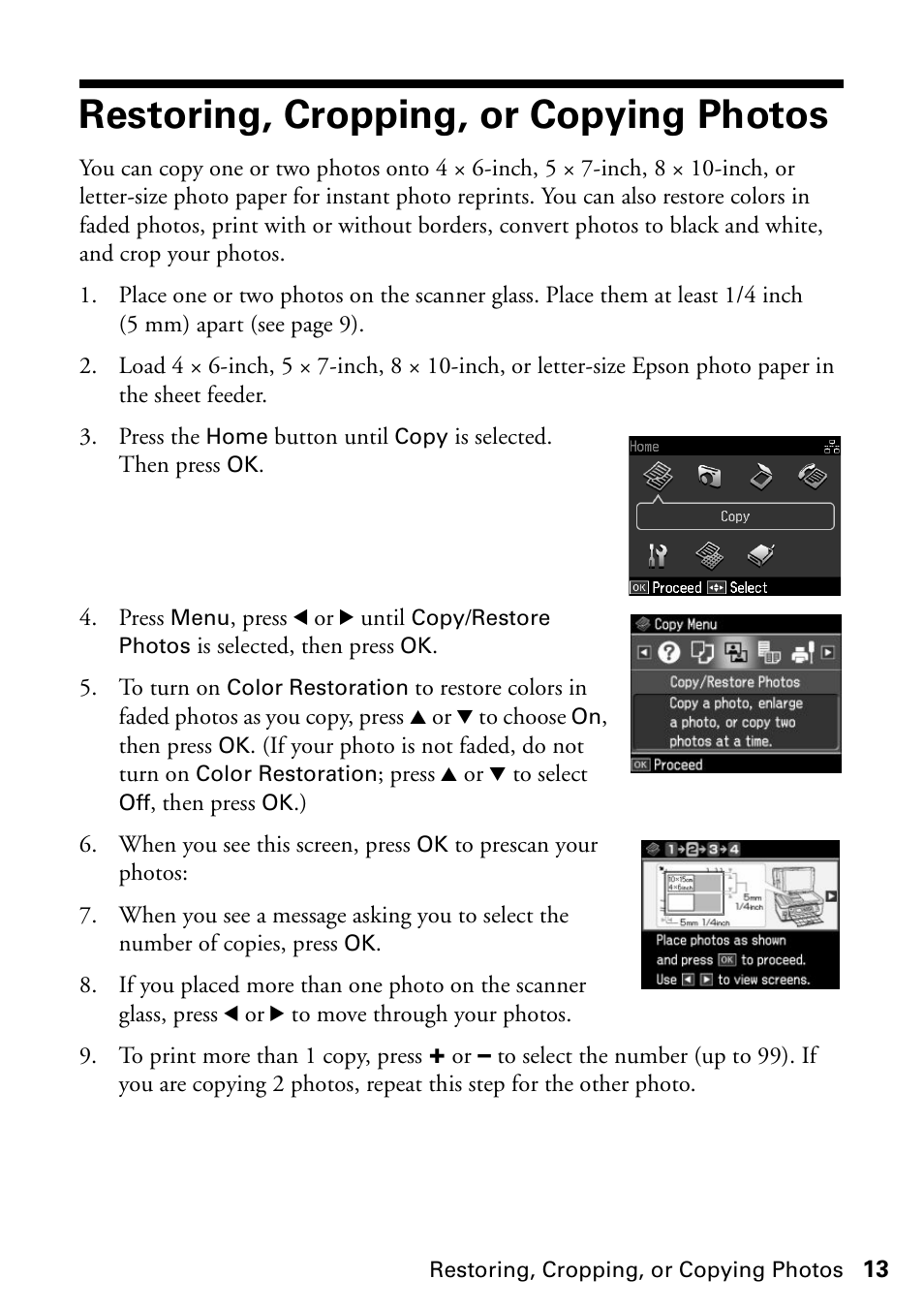 Restoring, cropping, or copying photos | Epson WorkForce 610 Series User Manual | Page 13 / 60