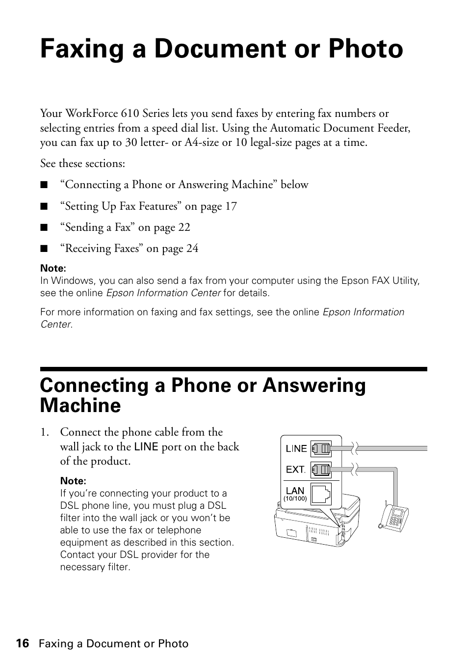 Faxing a document or photo, Connecting a phone or answering machine | Epson WorkForce 610 Series User Manual | Page 16 / 60