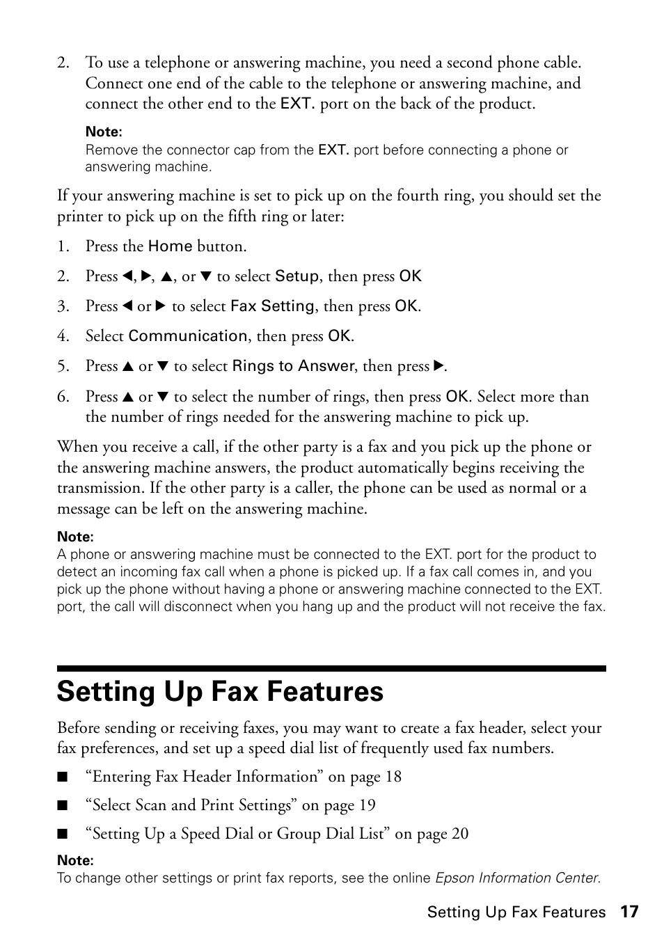 Setting up fax features | Epson WorkForce 610 Series User Manual | Page 17 / 60