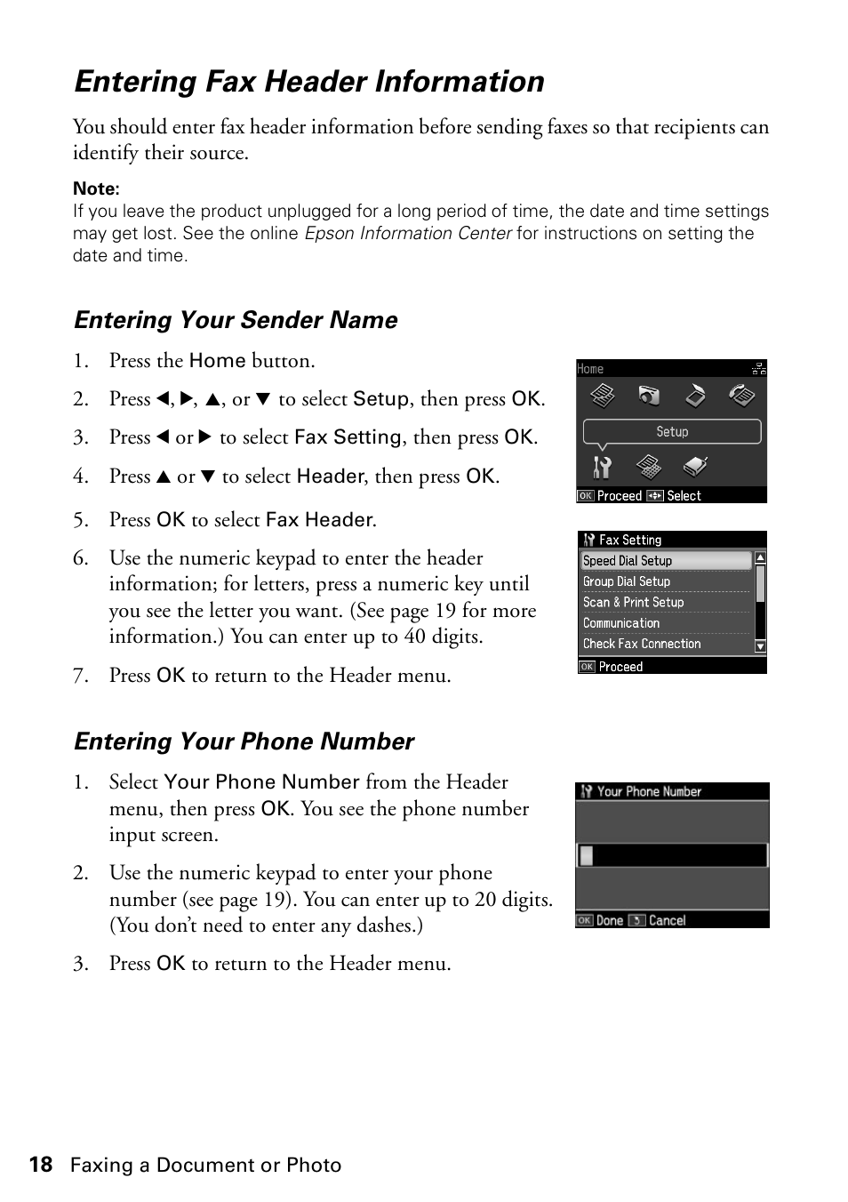 Entering fax header information, Entering your sender name, Entering your phone number | Epson WorkForce 610 Series User Manual | Page 18 / 60