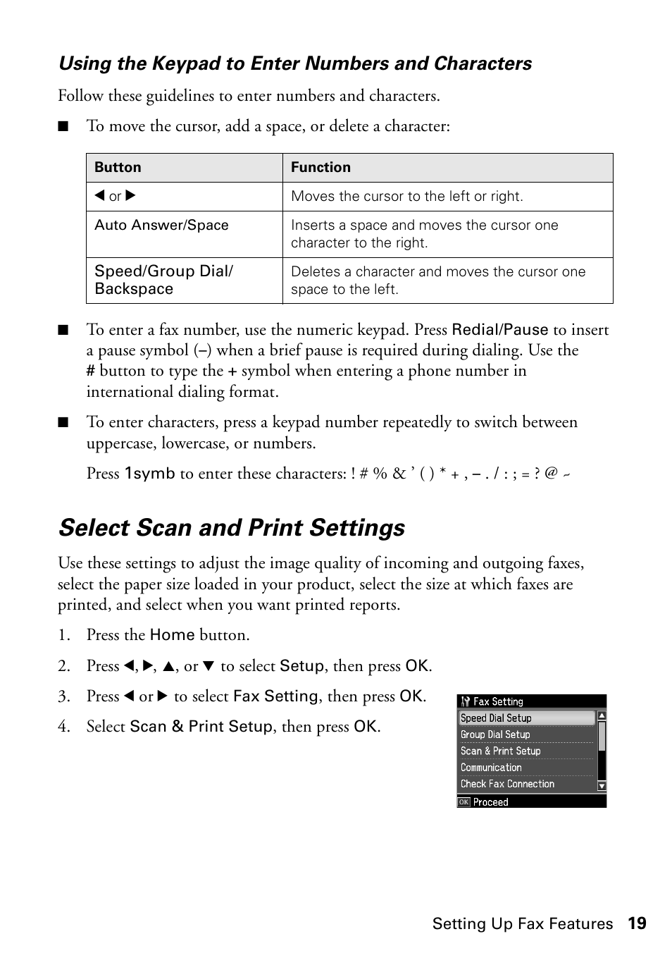 Select scan and print settings, Using the keypad to enter numbers and characters | Epson WorkForce 610 Series User Manual | Page 19 / 60