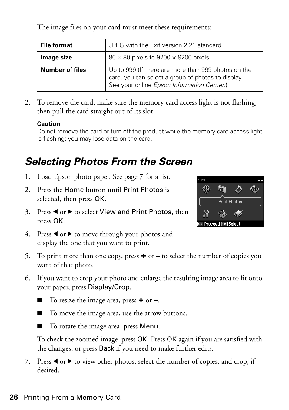 Selecting photos from the screen | Epson WorkForce 610 Series User Manual | Page 26 / 60