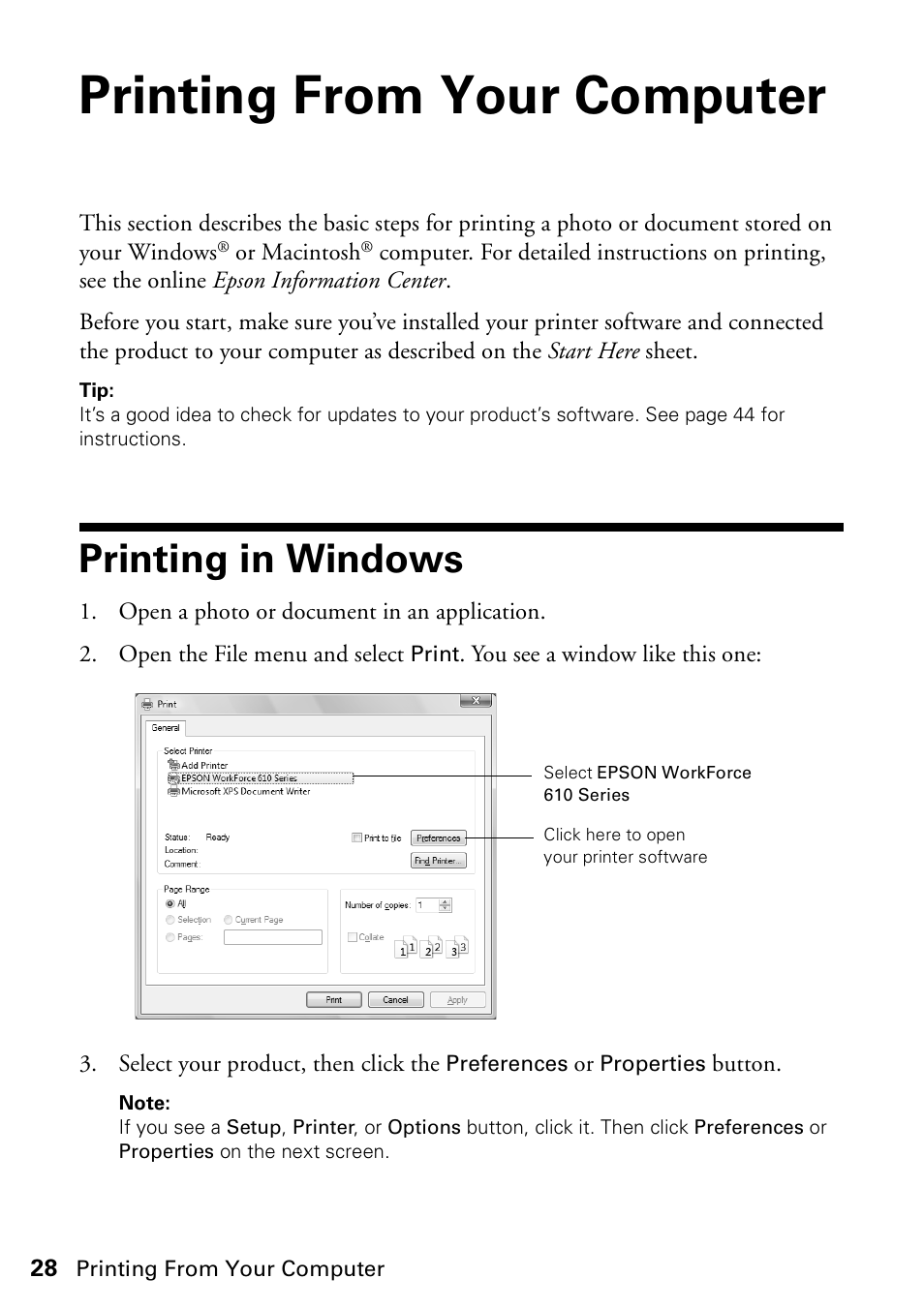 Printing from your computer, Printing in windows | Epson WorkForce 610 Series User Manual | Page 28 / 60