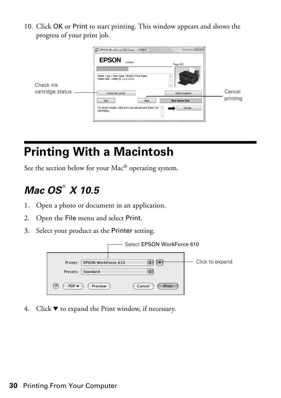 Printing with a macintosh, Mac os x 10.5 | Epson WorkForce 610 Series User Manual | Page 30 / 60